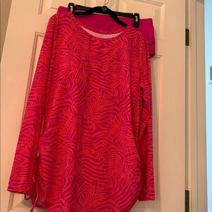 Vibrant Pink Patterned Long Sleeve Swim Tee with matching bikini bottom